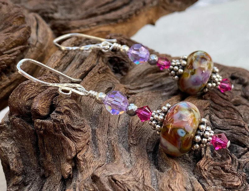 elegant pearl earrings for women -Violet Pink Mosaic Lampwork Earrings