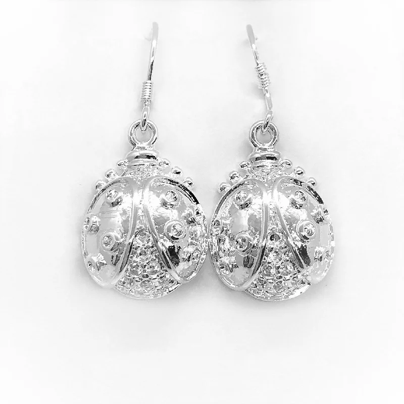 trendy drop earrings for women -Silver Dangling Lady Bug Hook Earring