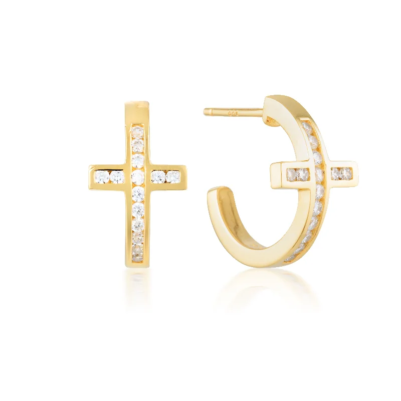 sparkling hoop earrings for women -Georgini Spiritus Cross Hoop Earrings - Gold