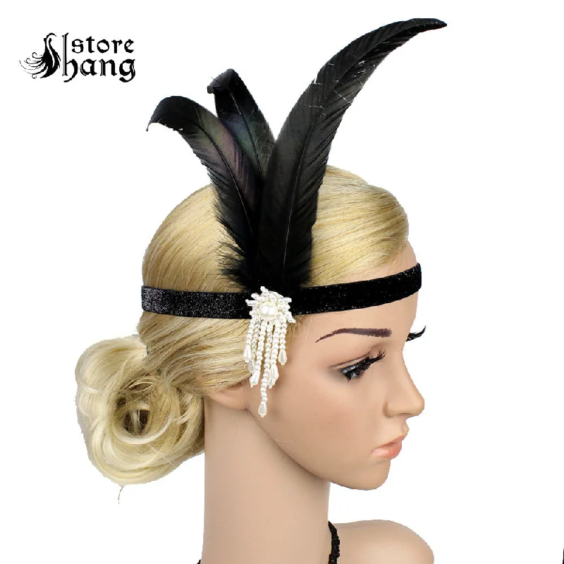 custom rings for women -Black Feather 1920s Flapper Headpiece Beaded Charleston Headband Retro Style Roaring 20s Vintage Great Gatsby Hair Accessories