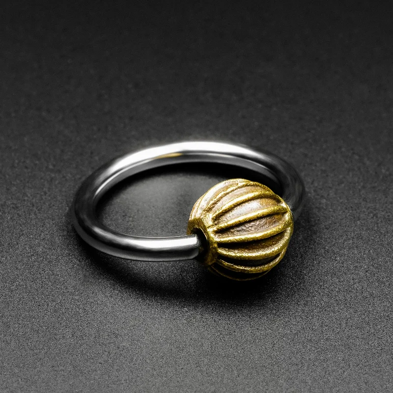 handmade engagement rings -Ridged Ball Brass & Surgical Steel BCR Ball Closure Ring