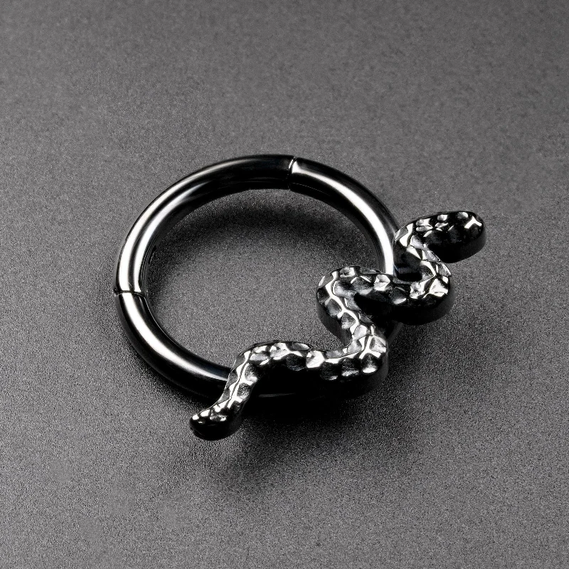 luxury wedding rings for women -Hammered Snake Black PVD Titanium Hinged Segment Ring