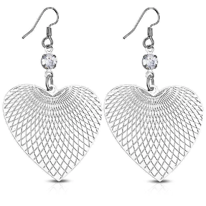 silver hoop earrings for women -Graphic Hearts Diamond Etched Stainless Steel Earrings With CZ Accents