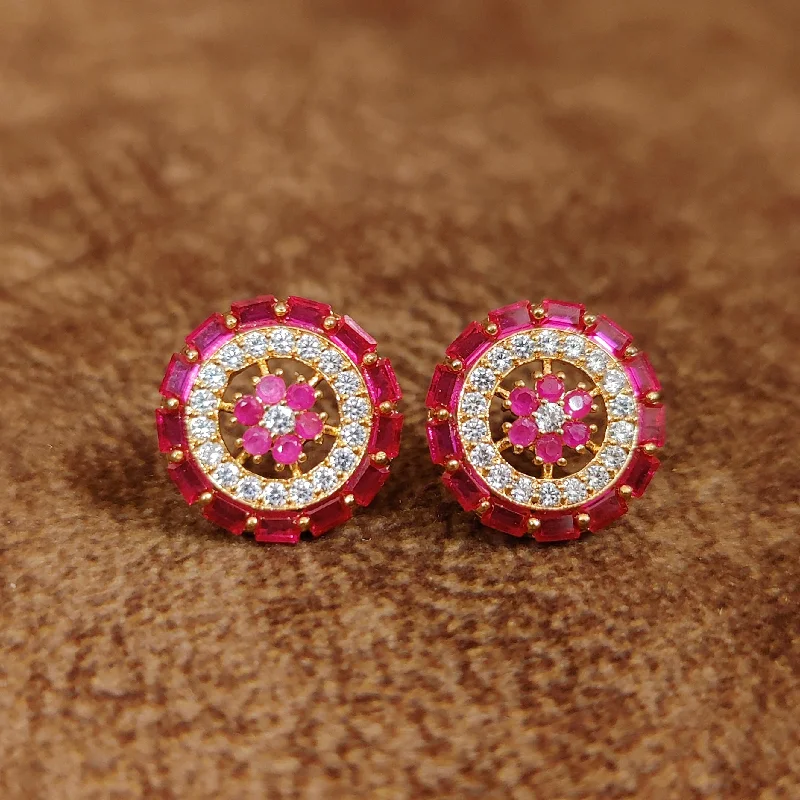 art deco earrings for women -RUBY PINK CZ STUDDED ROUND SHAPED STUDS