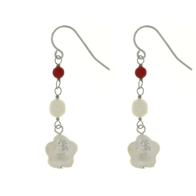 butterfly earrings for women -DANGLE FRESHWATER PEARL & RED CORAL SS EARRINGS