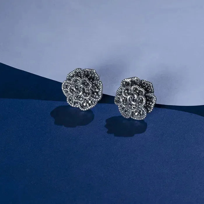 minimal earrings for women -Oxidized Floral Studs