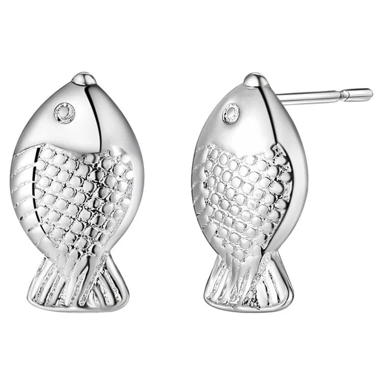 wedding earrings for women -Nice Catch Silver Fish Stud Earrings