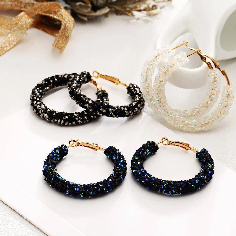 hoop earrings for women -Fun-Tastic Crystal Bold Hoop Earrings for Women in Black, Iridescent Black, or Opalescent White