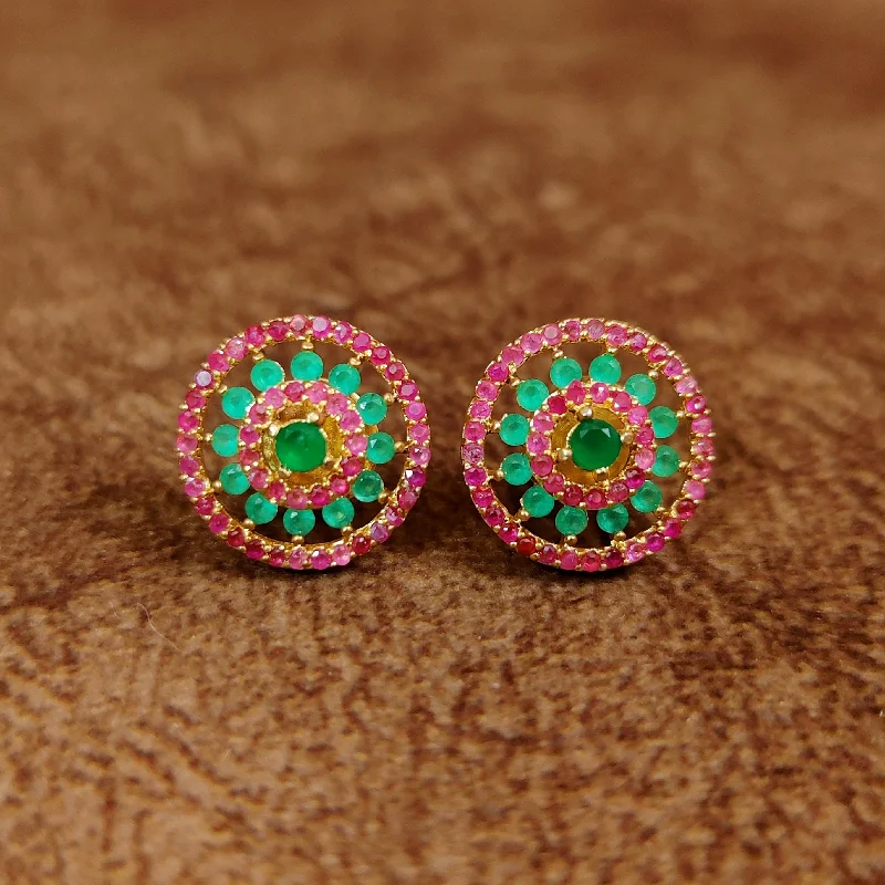 geometric earrings for women -RUBY & EMERALD ROUND PATTERN GOLD PLATED STUDS