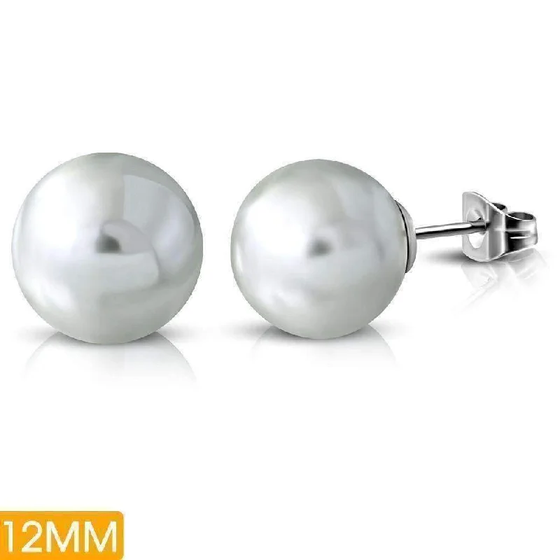 glamorous earrings for women -Silver Pearl Bead Solitaire Stud Earrings on Stainless Steel - 3 Sizes to Choose