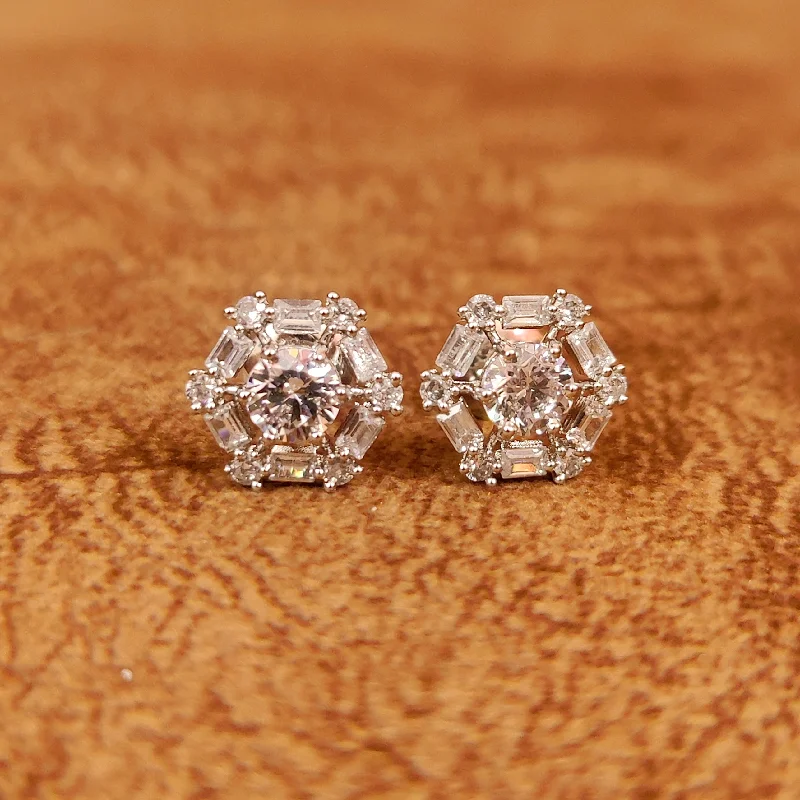 diamond earrings for women -BAUGETTE STUDDED SOLITAIRE LOOK 925 SILVER EARRINGS