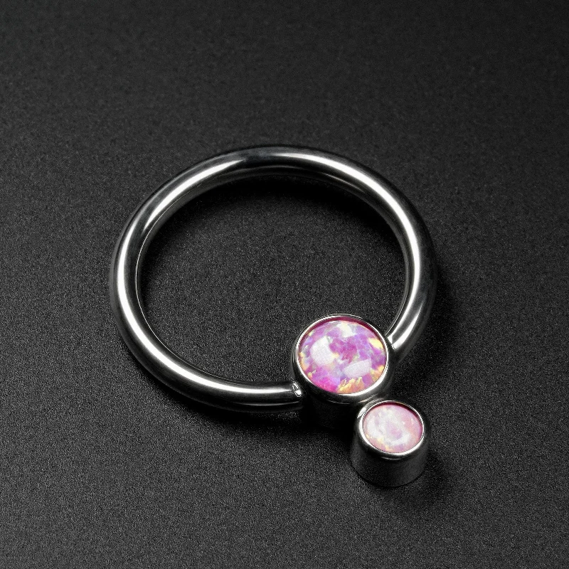 rose gold engagement rings -Double Rose Pink Synth Opal Titanium BCR Ball Close Ring