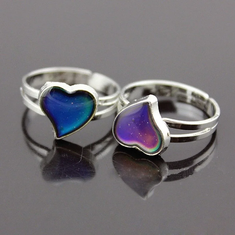 luxury rings for women -Temperature Color Changing Silver Plated Heart Shaped Mood Ring Adjustable Ring Band