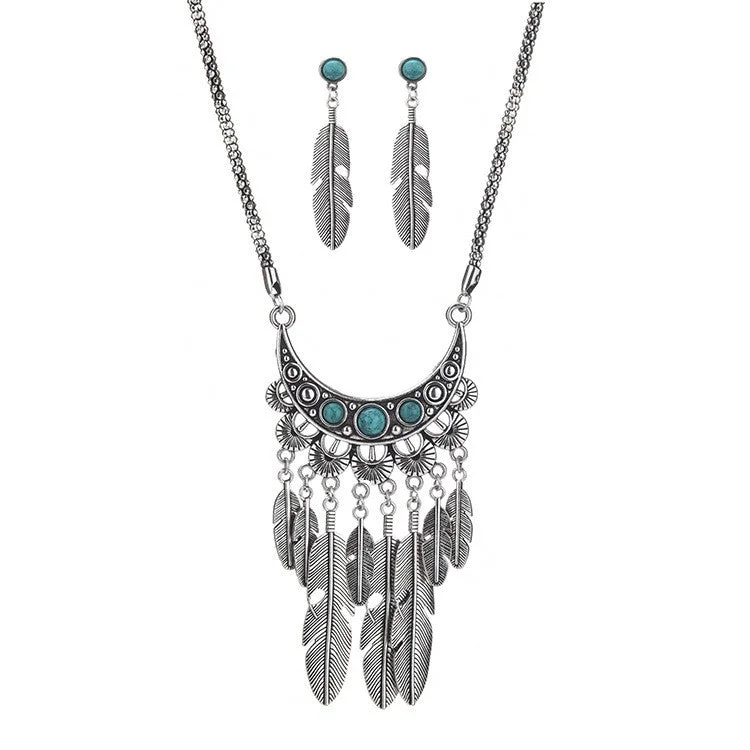 sterling silver earrings for women -Fashion Design Boho Style Feather Tassel Handmade Necklace And Earrings Women Alloy Silver Jewelry Set