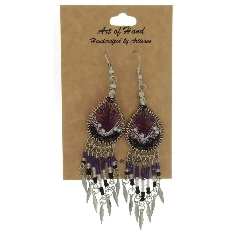 large statement earrings for women -DANGLE THREAD WEAVE & SEED BEAD DREAMCATCHER PURPLE EARRINGS