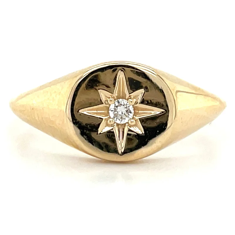 stackable wedding bands for women -9ct Yellow Gold Diamond Set Star Signet Ring