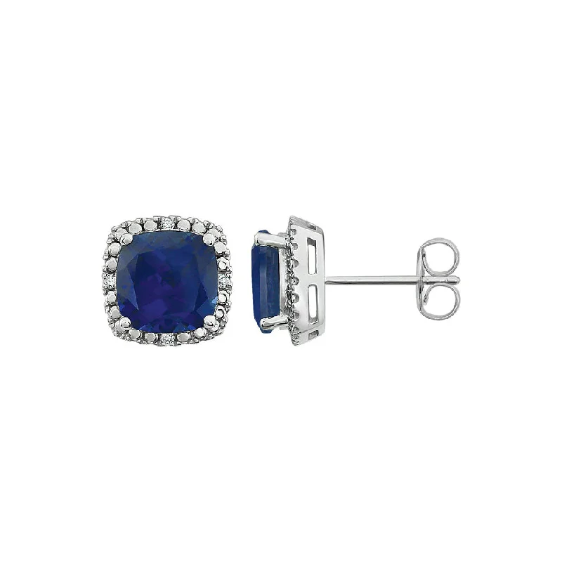 luxury silver earrings for women -Created Blue Sapphire & Diamond 10mm Earrings in 14k White Gold