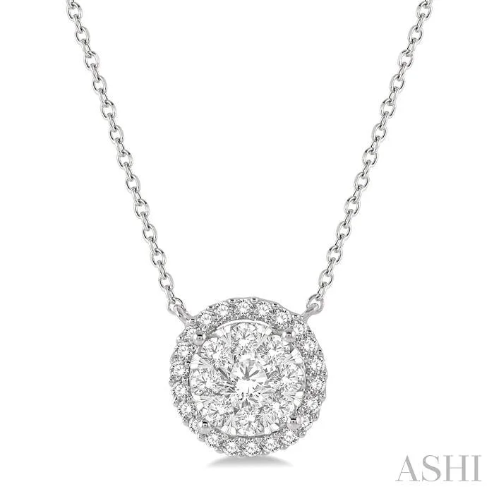 multi-layer necklaces for women -ROUND SHAPE HALO LOVEBRIGHT ESSENTIAL DIAMOND PENDANT