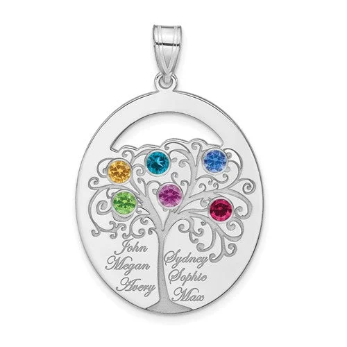 custom necklace pendants for women -Sterling Silver Engraved Names Oval Family Birthstone Tree Pendant