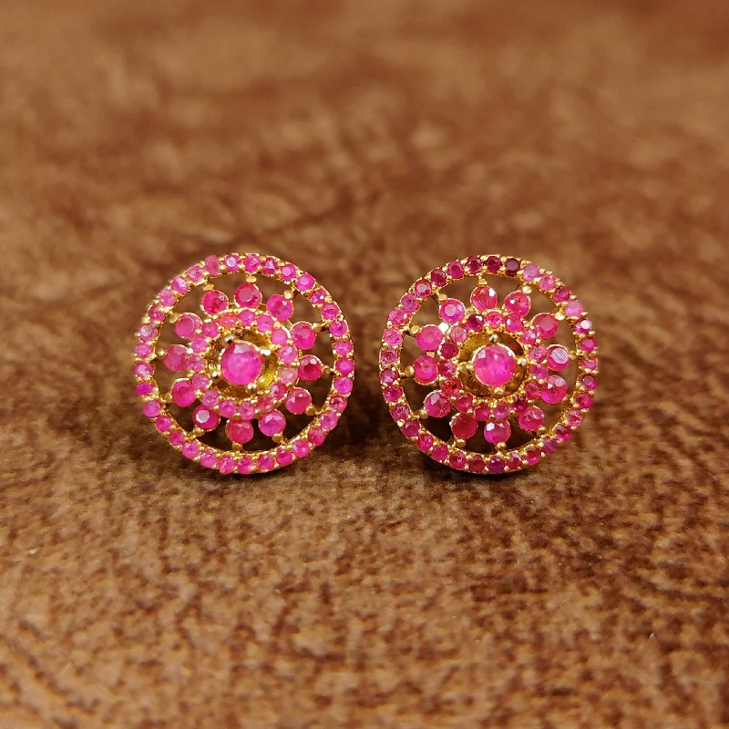 gold earrings with diamonds -RUBY STUDDED GOLD PLATED ROUND STUDS