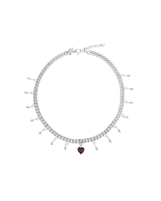 sterling silver necklaces for women -Drop of Heart Silver Necklace w. Garnet