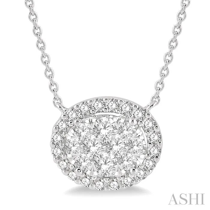 gold necklaces for women -OVAL SHAPE EAST-WEST HALO LOVEBRIGHT ESSENTIAL DIAMOND PENDANT