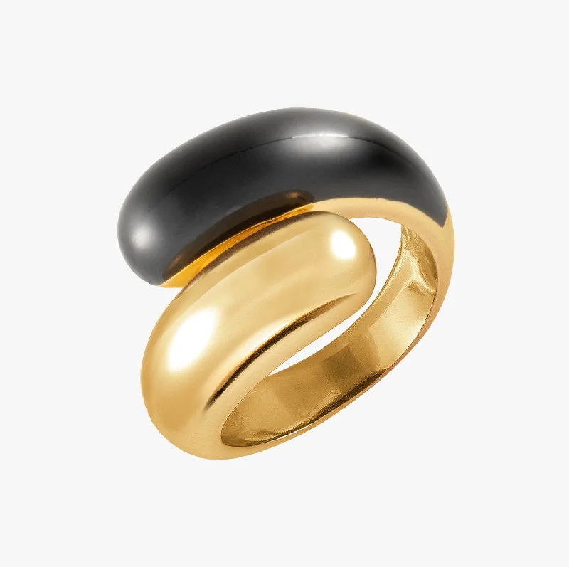 stackable wedding bands for women -Twin Dome Black Enamel Ring