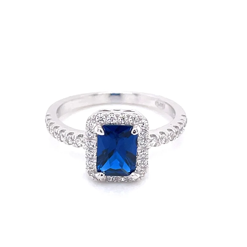 silver cocktail rings for women -Sterling Silver Emerald Cut Sapphire CZ Ring