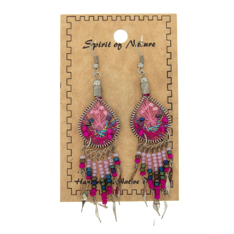 sparkling earrings for women -DANGLE THREAD WEAVE & SEED BEAD DREAMCATCHER PINK EARRINGS