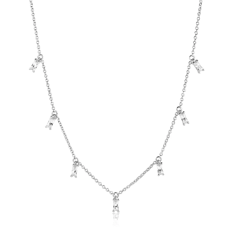 statement piece necklaces for women -Princess Baquette Silver Necklace w. White Zirconias