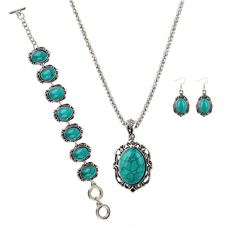 flower earrings for women -Women Creative Imitation Turquoise Decoration Earrings Necklace Bracelet Jewelry Set