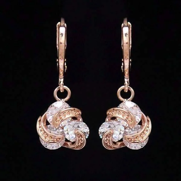 personalized earrings for women -Dangling Three Crystal 18K Rose Gold Spiral Love Knot Earrings