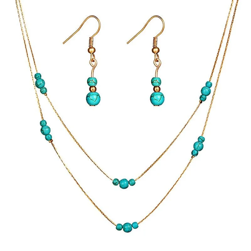 minimalist earrings for women -Women Vintage Style Simple Double Layers Turquoise Stone Beaded Necklace Earrings Set