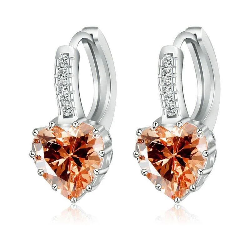 minimalistic earrings for women -Heart Shaped Champagne Diamond CZ Solitaire Hoop Earrings for Woman