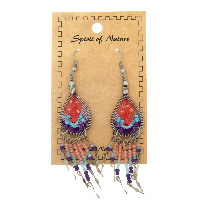 designer earrings for women -DANGLE THREAD WEAVE & SEED BEAD DREAMCATCHER CORAL EARRINGS