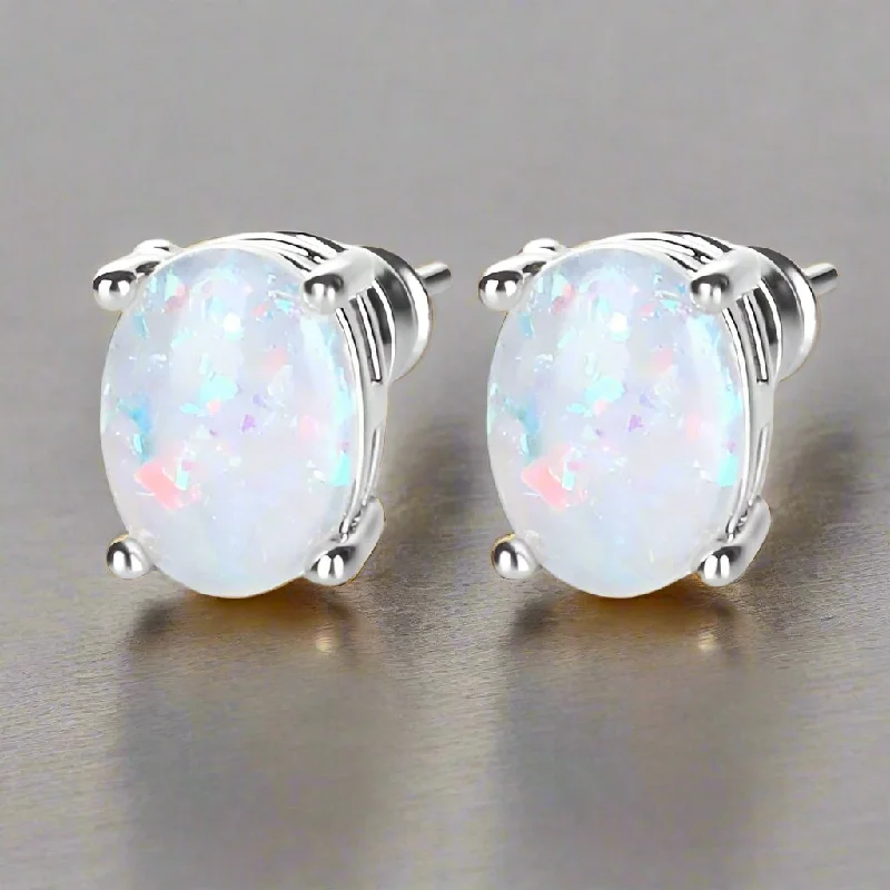 personalized hoop earrings for women -White Simulated Opal Oval Solitaire On 14K White Gold Plated Stud Earrings