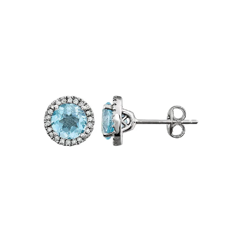 stud pearl earrings for women -8mm Halo Style Sky Blue Topaz & Diamond Earrings in 14k White Gold