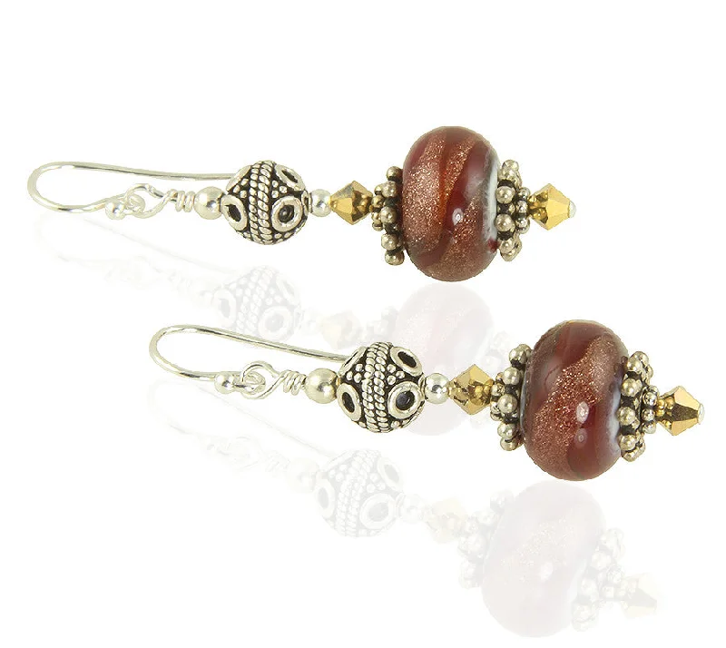 sterling silver drop earrings for women -Sangria Red Gold Lampwork Bead Earrings