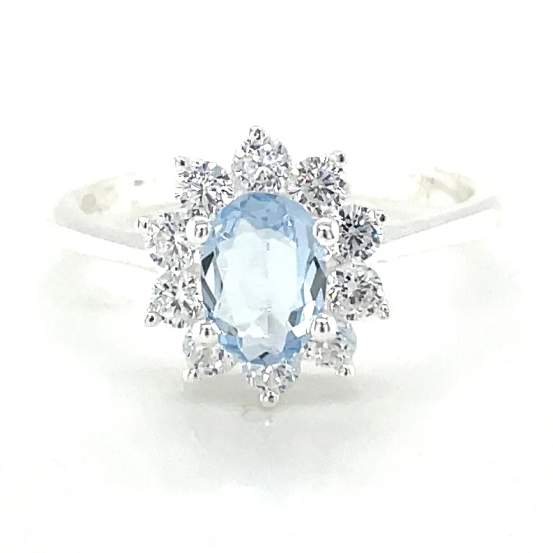 contemporary diamond rings -Sterling Silver Aquamarine & Cz Cluster Ring