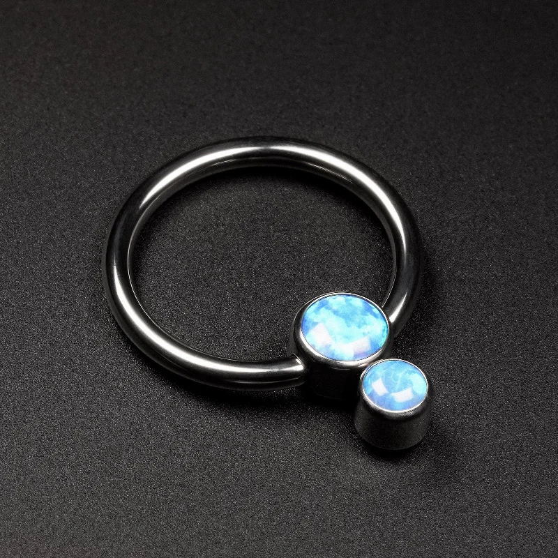 oval-cut rings for women -Double Pacific Blue Synth Opal Titanium BCR Ball Close Ring