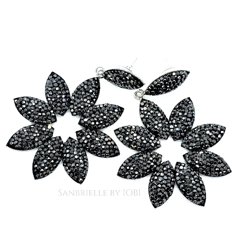 trendy stud earrings for women -Black Turkish Crystal Flower Earrings