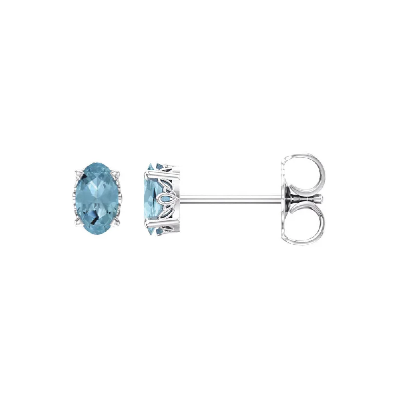 stud earrings for women -Faceted Oval Aquamarine Stud Earrings in 14k White Gold