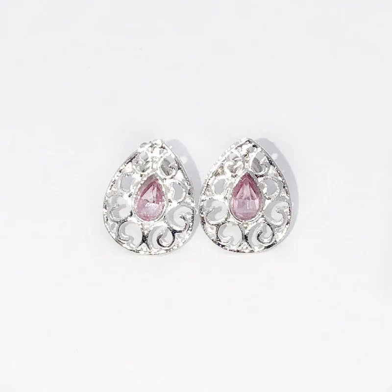 layered earrings for women -Silver Spring Pink Pear Crystal Stud Earrings