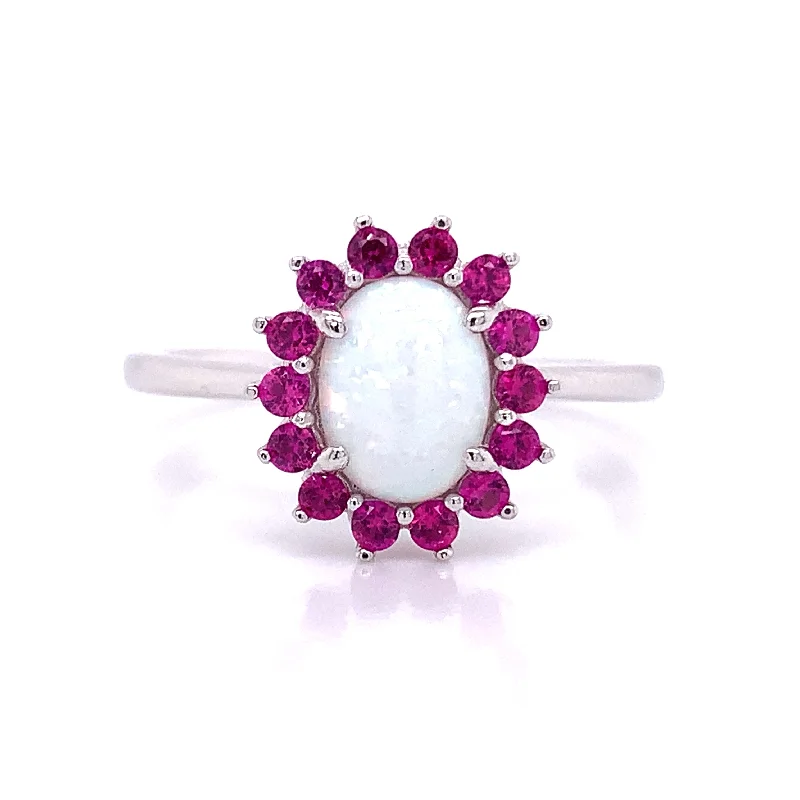 wedding sets for brides -Sterling Silver Opal Halo Ruby Cz Ring