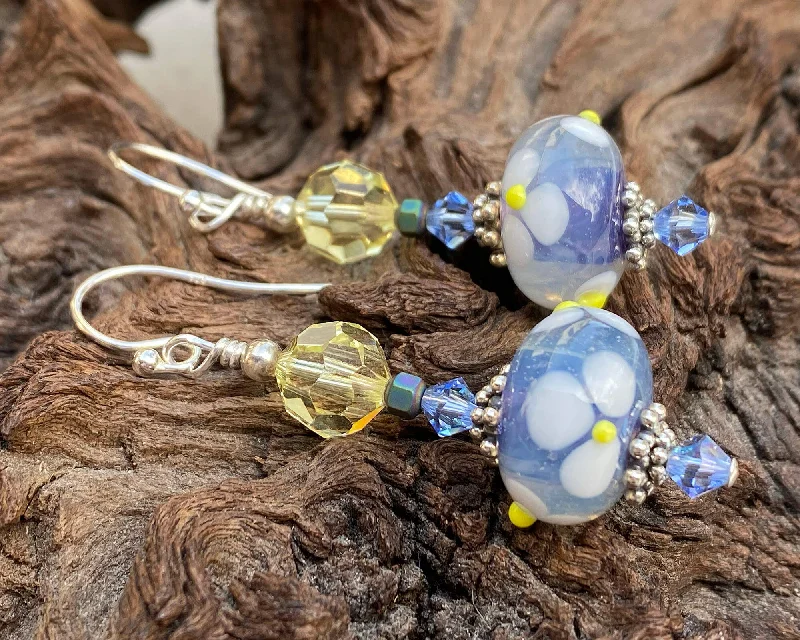 minimalist earrings for women -Blue Floral Crystal Lampwork Earrings