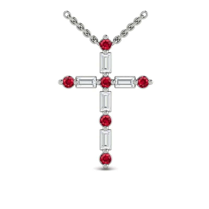 gold pendant necklaces for women -Diamond Baguette and Ruby Cross Pendant Necklace