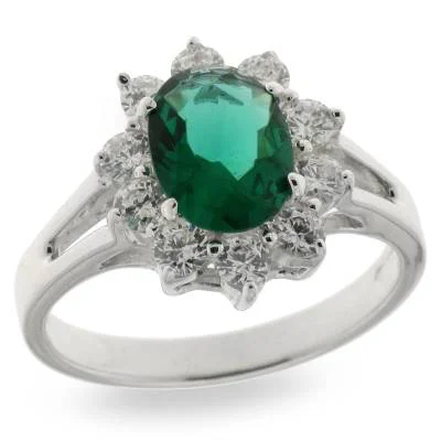 birthstone wedding rings for women -Sterling Silver Princess Di Style Emerald CZ Ring