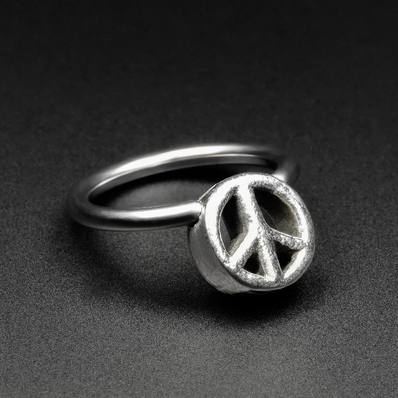 gemstone promise rings -Peace Sign White Brass & Surgical Steel BCR Ball Closure Ring