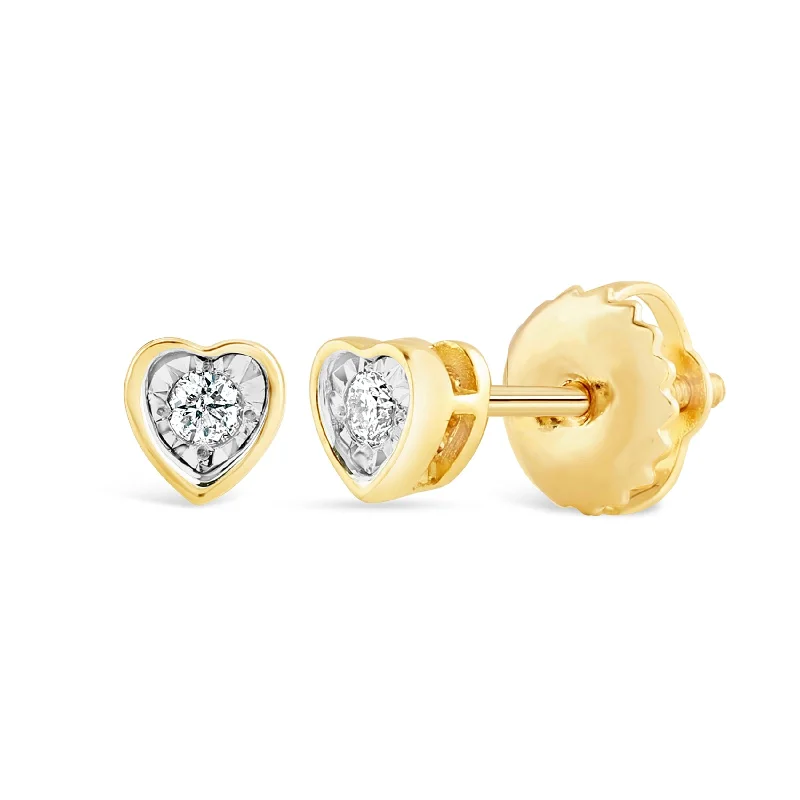 luxury earrings for women -Children's Heart Shaped Stud Earrings with 0.03ct of Diamonds in 9ct Yellow Gold