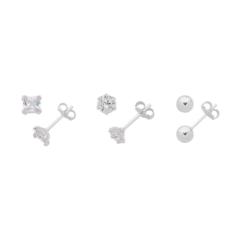 trendy stud earrings for women -Set of 3 Sterling Silver Stud Earrings